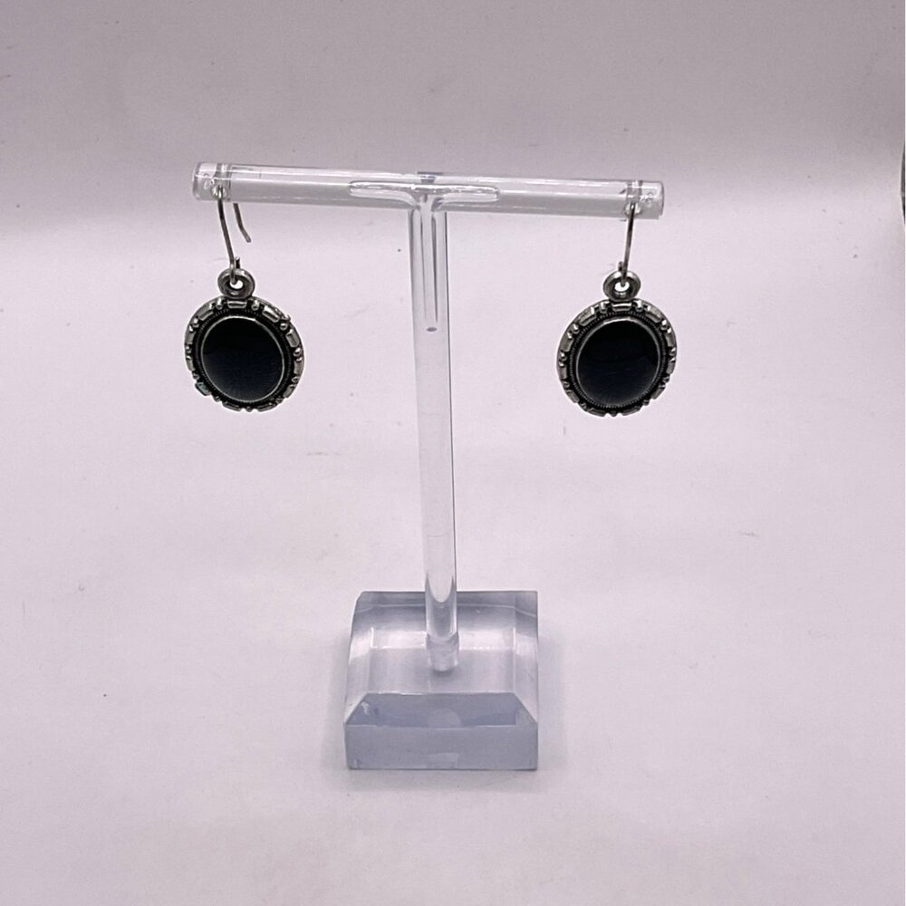 Silver Dangle Earrings With Black Stone Accent